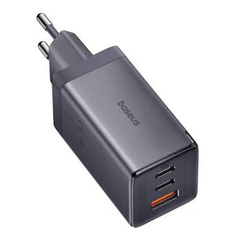 Sieninis įkroviklis Baseus GaN5 2x USB-C + USB, 65W su 1m laidu, pilkas