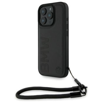 BMW iPhone 16 Pro Max dėklas Signature Leather Wordmark Cord, juodas