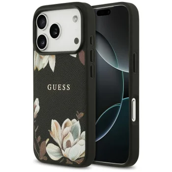Guess Grained Flowers Classic Logo MagSafe dėklas, skirtas iPhone 17 Pro, juodas