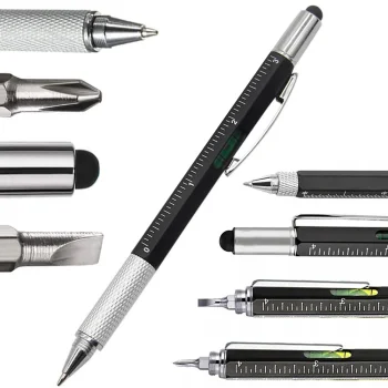Daugiafunkcis rašiklis multitool 6in1 su gulsčiuku, atsuktuvu ir liniuote, juodas