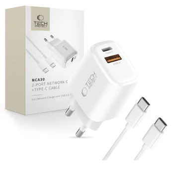 Tech-Protect NCA30 PD 30W QC3.0 USB-A / USB-C Wall Charger + USB-C Cable 100cm - White