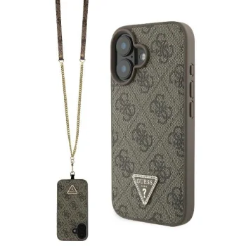 „Guess“ atverčiamas dėklas „iPhone 16“ su dirželiu, rudas