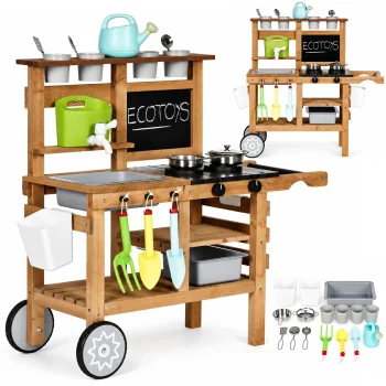 Kids Outdoor Wooden Mud Kitchen ECOTOYS with Chalkboard and Accessories