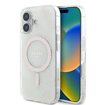 Dėklas Guess IML 4G Background MagSafe telefonui iPhone 16 Plus, baltas