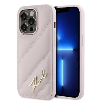 Karl Lagerfeld dėklas iPhone 14 Pro Max Diagonal Quilted Script, rožinis