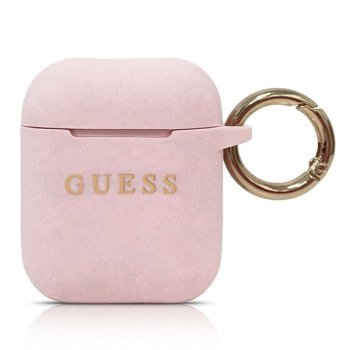 Guess Silicone Glitter dėklas, skirtas Apple AirPods 1 / 2, šviesiai rožinis