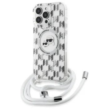 Karl Lagerfeld dėklas iPhone 16 Pro telefonui IML Crossbody Karl & Choupette, skaidrus