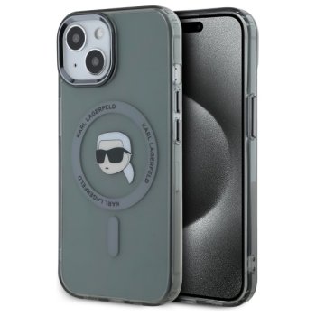 Karl Lagerfeld dėklas iPhone 15 telefonui, MagSafe IML Metal K. Head, juodas