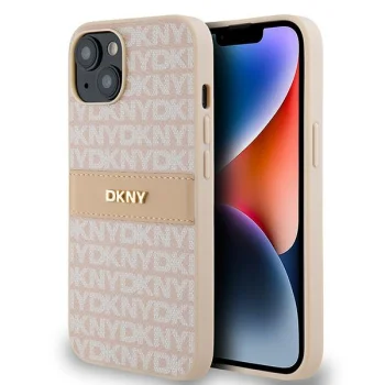 DKNY dėklas iPhone 15 / 14 / 13 modeliams Mono Stripe & Metal Logo, rožinis