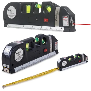 Laser Level with 250cm Tape Measure and 3 Bubble Levels, Black