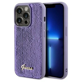 Guess Sequin Script Metal dėklas telefonui iPhone 14 Pro, violetinis