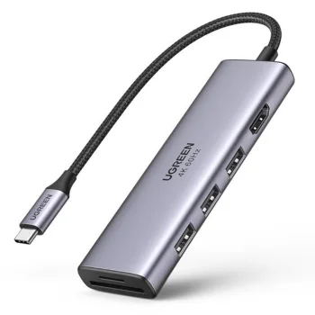 Ugreen 6-in-1 USB-C šakotuvas - 3x USB 3.2 / HDMI 4K 60Hz / SD / TF, pilkas