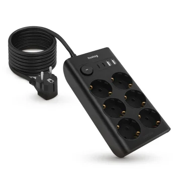 Plokščias ilgintuvas Huslog su 6 lizdais ir 4 USB jungtimis, juodas
