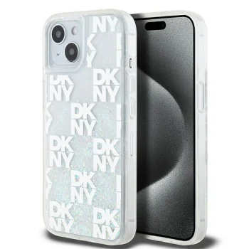 DKNY dėklas iPhone 15 / 14 / 13 telefonams Liquid Glitter Multilogo, baltas