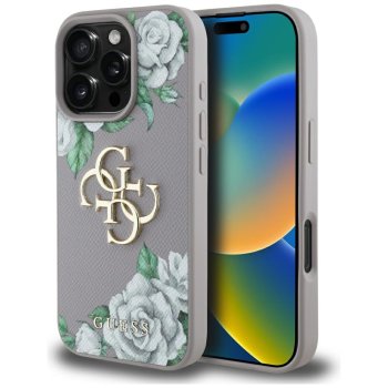Guess Grained Roses Big 4G Logo dėklas, skirtas iPhone 16 Pro, violetinis