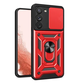 Hybrid Armor Camshield Case for Samsung Galaxy S23+ with Camera Cover, Red