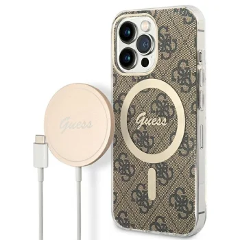 Guess 4G Print MagSafe dėklas ir įkroviklis iPhone 13 Pro, rudas