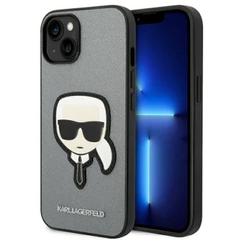 Karl Lagerfeld Saffiano Karl's Head Patch dėklas iPhone 14 telefonui, sidabrinis