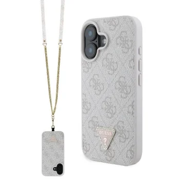 Guess iPhone 16 dėklas Leather Metal Logo Strass Crossbody, rožinis
