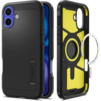 Spigen Tough Armor MagSafe dėklas su stoveliu iPhone 16 telefonui, juodas
