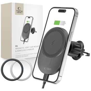 Tech-Protect MM15W-V1 MagSafe Car Holder & 15W Charger, Black