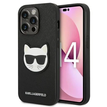 Karl Lagerfeld Saffiano Choupette Head Patch dėklas iPhone 14 Pro Max, juodas