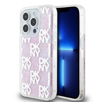 DKNY iPhone 15 Pro Case Liquid Glitters Checkered Pattern, White