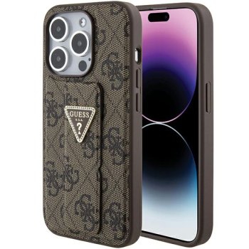 Guess Grip Stand 4G Triangle Strass dėklas, skirtas iPhone 15 Pro, rudas
