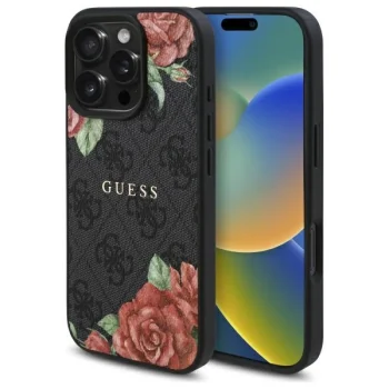 Guess 4G Flowers Print MagSafe dėklas, skirtas iPhone 16 Pro, juodas
