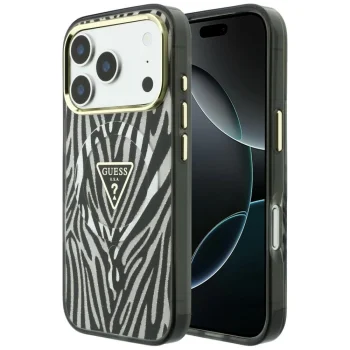 Guess IML Zebra Glitter Triangle Logo MagSafe dėklas iPhone 17 / 18 Pro Max, sidabrinis