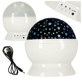 Vaikiškas naktinis šviestuvas - žvaigždžių projektorius 2v1 USB, baltas