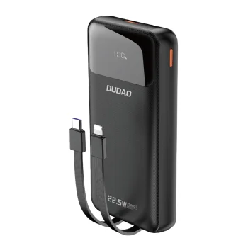 „Dudao K15Pro“ 20000mAh 22.5W išorinė baterija su įmontuotais laidais - juoda