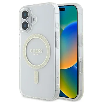 Guess dėklas iPhone 16 telefonui IML Glitter Circle MagSafe, skaidrus