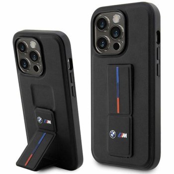 BMW dėklas iPhone 14 Pro Max telefonui su Grip Stand Hot Stamp, juodas