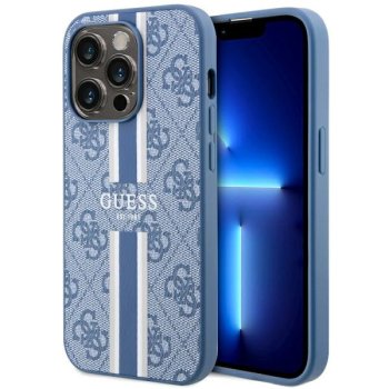 Guess iPhone 14 Pro dėklas 4G Printed Stripes MagSafe, mėlynas