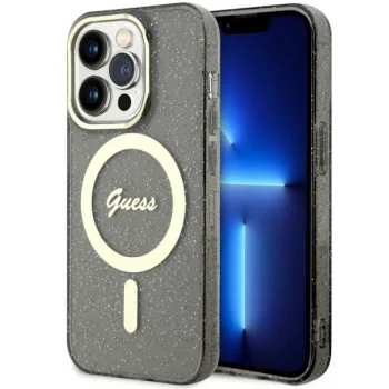 Guess dėklas iPhone 14 Pro Max telefonui IML Glitter Gold MagSafe, juodas