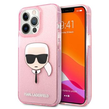 Karl Lagerfeld dėklas iPhone 13 Pro Max su Glitter Karl's Head, rožinis