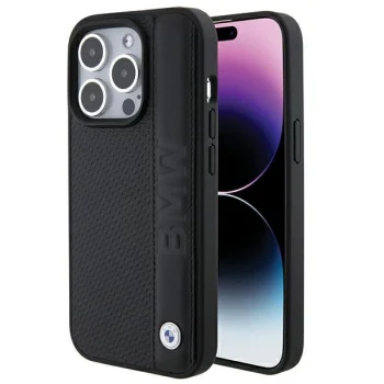 BMW Leather Textured & Stripe dėklas telefonui iPhone 15 Pro, juodas