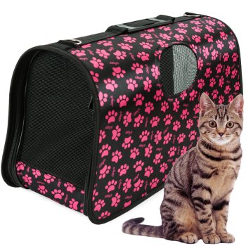Large Pet Carrier Bag for Dogs and Cats, Black with Paws