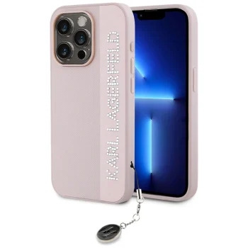 Karl Lagerfeld dėklas iPhone 15 Pro telefonui Saffiano Rhinestones & Charm, rožinis