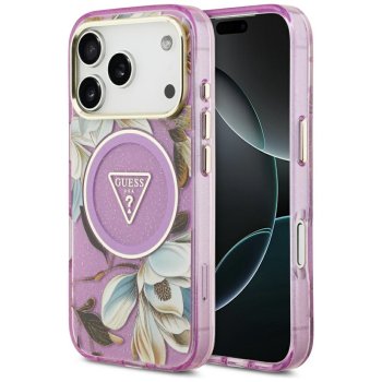 Guess IML Glitter Flowers Triangle MagSafe Phone Case Cover iPhone 17 Pro Max - Purple