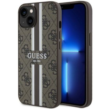 Guess iPhone 14 Plus dėklas 4G Printed Stripes MagSafe, rudas