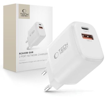 Tech-Protect NCA45W-GAN 2 prievadų USB-C / USB-A 45W tinklo įkroviklis, baltas