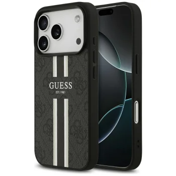 Guess 4G Printed Stripes MagSafe dėklas iPhone 17 Pro, juodas