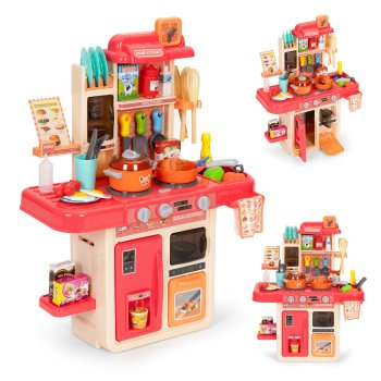 Multistore Kids Play Kitchen with Sound, LED, Steam and 42 Accessories, Pink