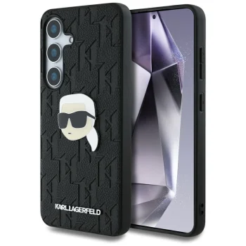 Karl Lagerfeld Leather Monogram Pin Logo dėklas Samsung Galaxy S25, juodas
