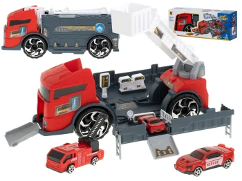 Gaisrinės automobilvežis „2-in-1“ su 2 žaislinėmis mašinėlėmis, raudonas