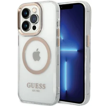 Guess Metal Outline MagSafe dėklas telefonui iPhone 15 Pro Max, auksinis
