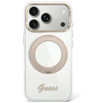 Guess IML Ring Stand 360 Script Metal Logo MagSafe dėklas iPhone 17/18 Pro Max, skaidrus