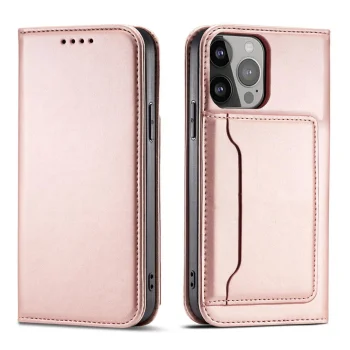Atverčiamasis dėklas „iPhone 14 Pro Max“ „Magnet Card Case“ su stovu, rožinis